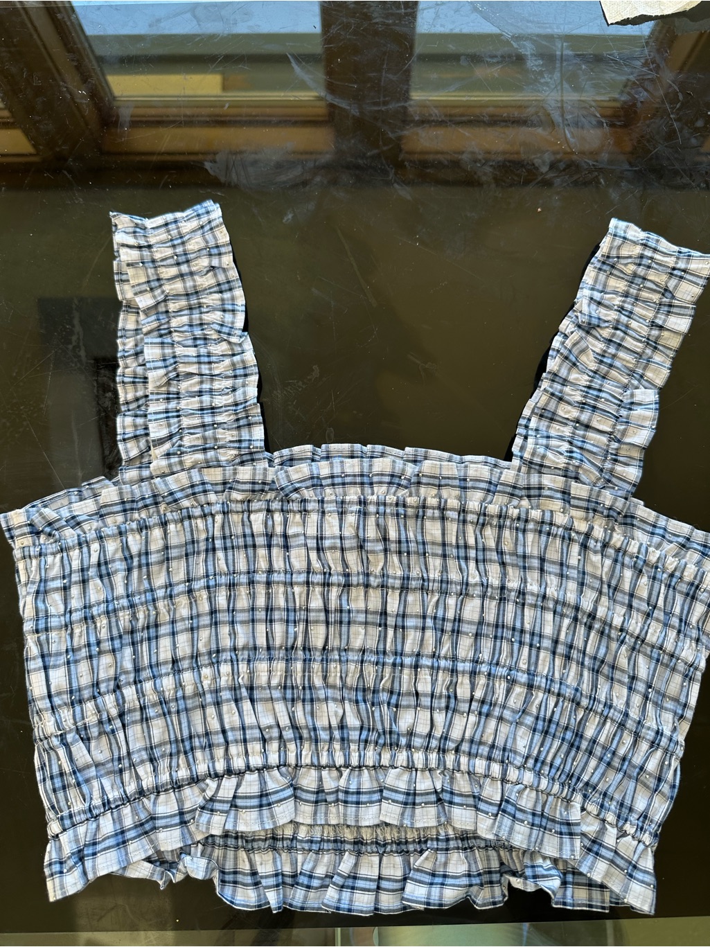 Maje Blue And White Plaid Smocked Crop Top